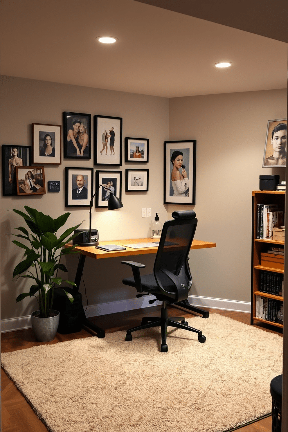 A cozy basement home office features bright, patterned rugs that delineate the workspace from the surrounding areas, adding a splash of color to the otherwise neutral palette. The space includes a sleek desk positioned against a wall, complemented by a comfortable ergonomic chair and stylish shelving units filled with books and decorative items.