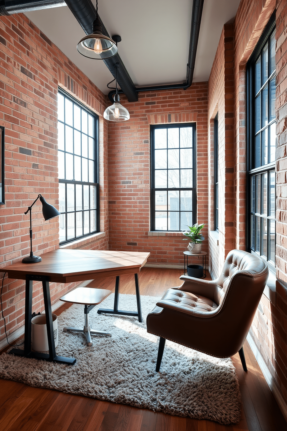 A stylish basement home office featuring exposed brick walls and large industrial-style windows that allow natural light to flood the space. The room is furnished with a reclaimed wood desk paired with a sleek metal chair, creating a perfect blend of comfort and functionality. In one corner, a cozy reading nook is created with a vintage leather armchair and a small side table, perfect for relaxing during breaks. The floor is adorned with a plush area rug that adds warmth, while industrial pendant lights hang from the ceiling, illuminating the workspace beautifully.