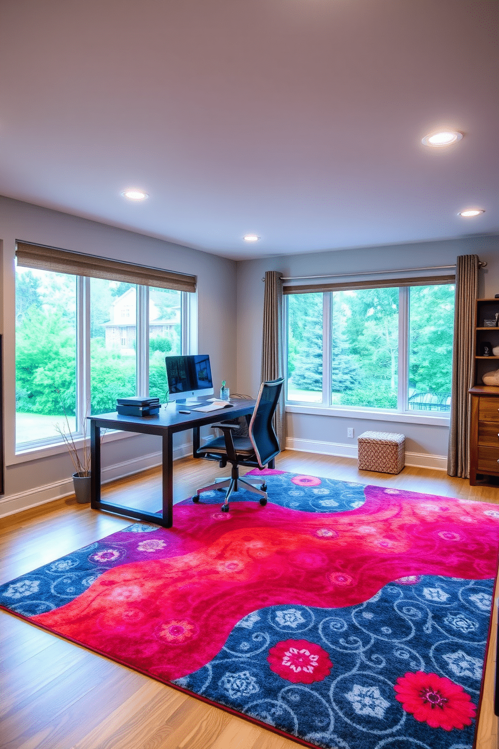 Bright area rugs for added comfort. The room features a large, colorful area rug that contrasts beautifully with the hardwood floor, providing a cozy and inviting atmosphere. Basement home office design ideas. The space is filled with natural light from large windows, complemented by a sleek, modern desk and ergonomic chair, creating an inspiring and productive work environment.