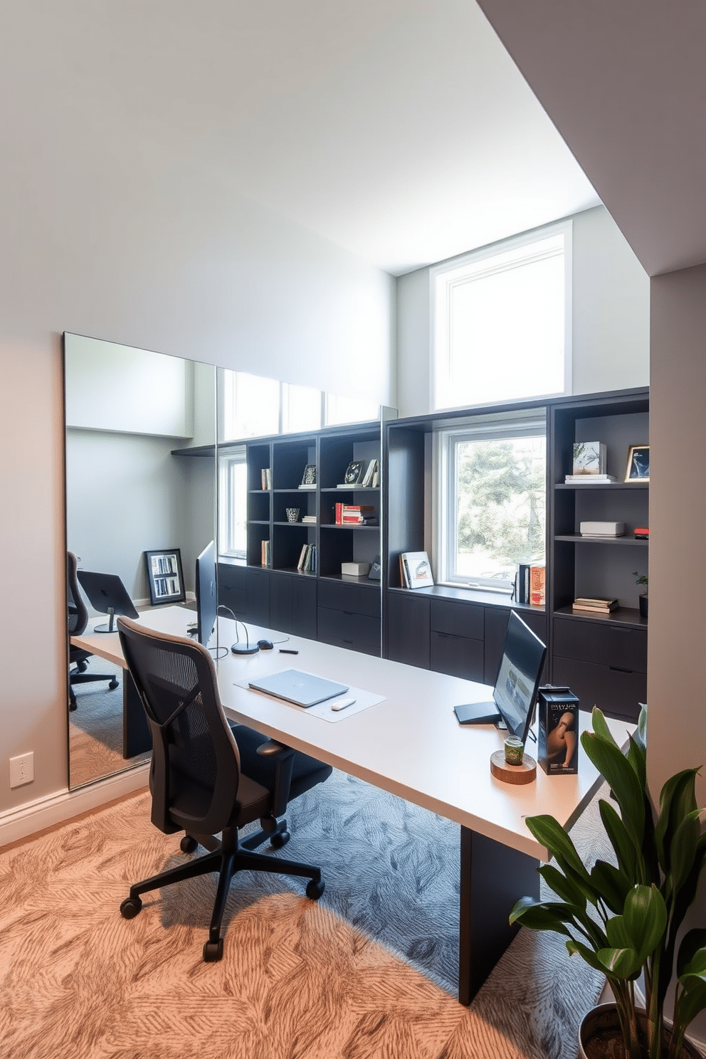 A serene basement home office designed with a neutral palette to promote a calming atmosphere. The space features a sleek, light-colored desk paired with a comfortable ergonomic chair, surrounded by soft beige walls and warm wooden accents. Large windows allow natural light to flood in, while sheer white curtains provide privacy without sacrificing brightness. A cozy area rug in muted tones anchors the seating area, complemented by a minimalist bookshelf filled with curated decor and plants for a touch of greenery.