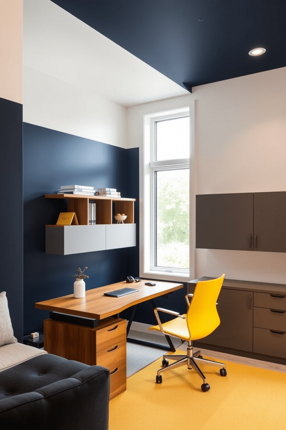 A modern basement home office featuring a creative use of color blocking techniques. The walls are divided into bold sections of navy blue and crisp white, creating a striking contrast that energizes the space. A sleek, ergonomic desk in a warm wood finish sits against the navy wall, complemented by a stylish office chair in a vibrant yellow. Shelving units in varying shades of gray provide both storage and a visual balance, while a large window allows natural light to flood the room, enhancing the overall atmosphere.