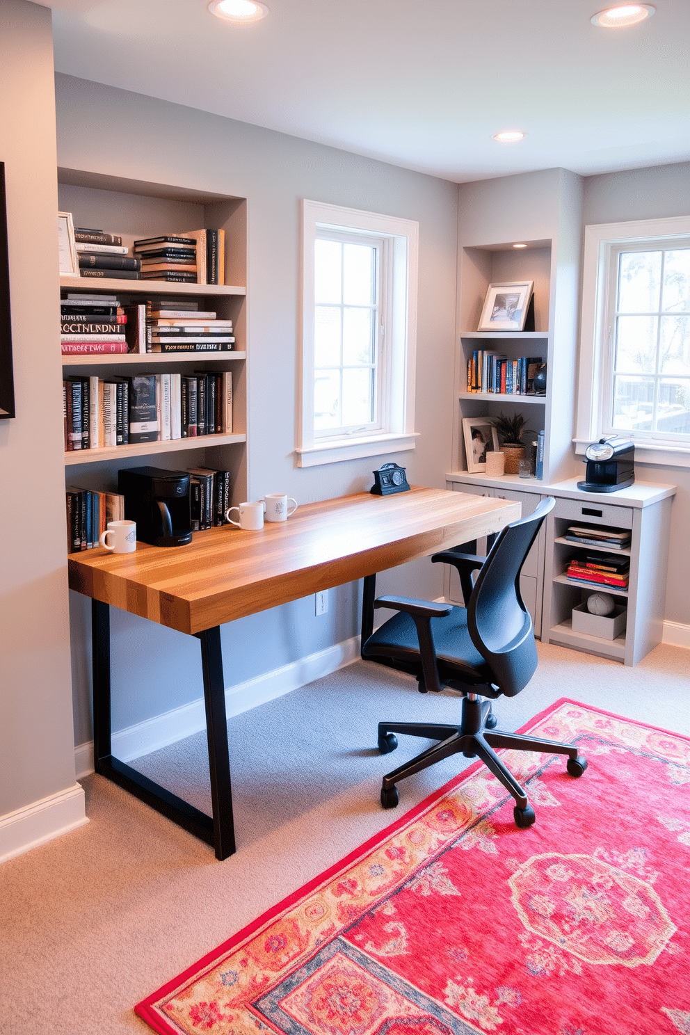 A stylish basement home office featuring unique lighting fixtures as focal points. The room is designed with a modern desk positioned under a striking pendant light, casting a warm glow over the workspace. Incorporate a comfortable ergonomic chair and shelves lined with books, accentuated by wall-mounted sconces that add both functionality and ambiance. The walls are painted in a soft gray, creating a serene backdrop for productivity, while a vibrant area rug adds a pop of color to the floor.