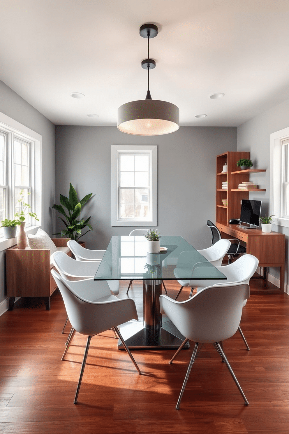 A stylish basement home office featuring a small meeting area. The space includes a sleek glass-top table surrounded by modern chairs, creating an inviting atmosphere for collaboration. The walls are painted in a soft gray hue, enhancing the room's brightness, while warm wood accents add a touch of coziness. Large windows allow natural light to flood in, complemented by a contemporary pendant light fixture above the meeting table. A comfortable desk with ergonomic seating is positioned against one wall, adorned with minimalistic decor and plants for a refreshing touch. The flooring is a rich hardwood, providing a warm contrast to the light walls and furniture.