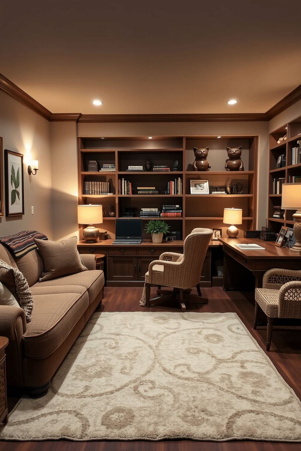 A warm and inviting basement home office features a large, plush sofa adorned with textured fabrics in earthy tones. A rustic wooden desk sits against the wall, complemented by a comfortable chair upholstered in a soft, woven material. The room is illuminated by soft, ambient lighting from stylish lamps placed strategically around the space. Shelves lined with books and decorative items add personality, while a large area rug anchors the seating area, enhancing the cozy atmosphere.