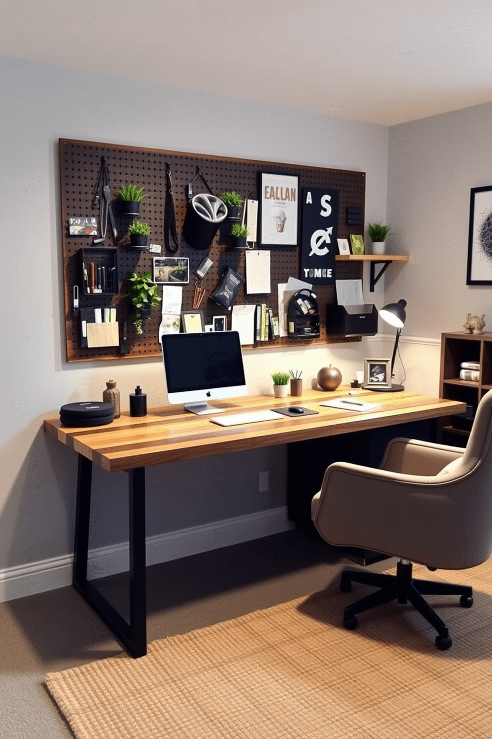 A modern basement home office featuring a spacious desk made of reclaimed wood, positioned against a wall adorned with a functional pegboard for versatile organization. The pegboard is filled with neatly arranged office supplies, plants, and decorative items, creating an inspiring and efficient workspace. Soft ambient lighting illuminates the room, complemented by a cozy reading nook with a plush armchair and a small bookshelf. The walls are painted in a calming light gray, while the floor is covered with a warm, textured area rug to add comfort and style.