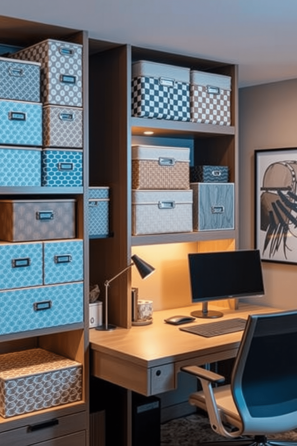 A cozy basement home office designed for productivity and relaxation. The space features a sleek wooden desk facing a large window, allowing natural light to flood in, with a stylish accent chair in a bold color positioned nearby for comfort. The walls are painted in a calming light gray, complemented by warm wooden shelving filled with books and decorative items. A plush area rug anchors the space, while modern lighting fixtures provide a bright yet inviting atmosphere.