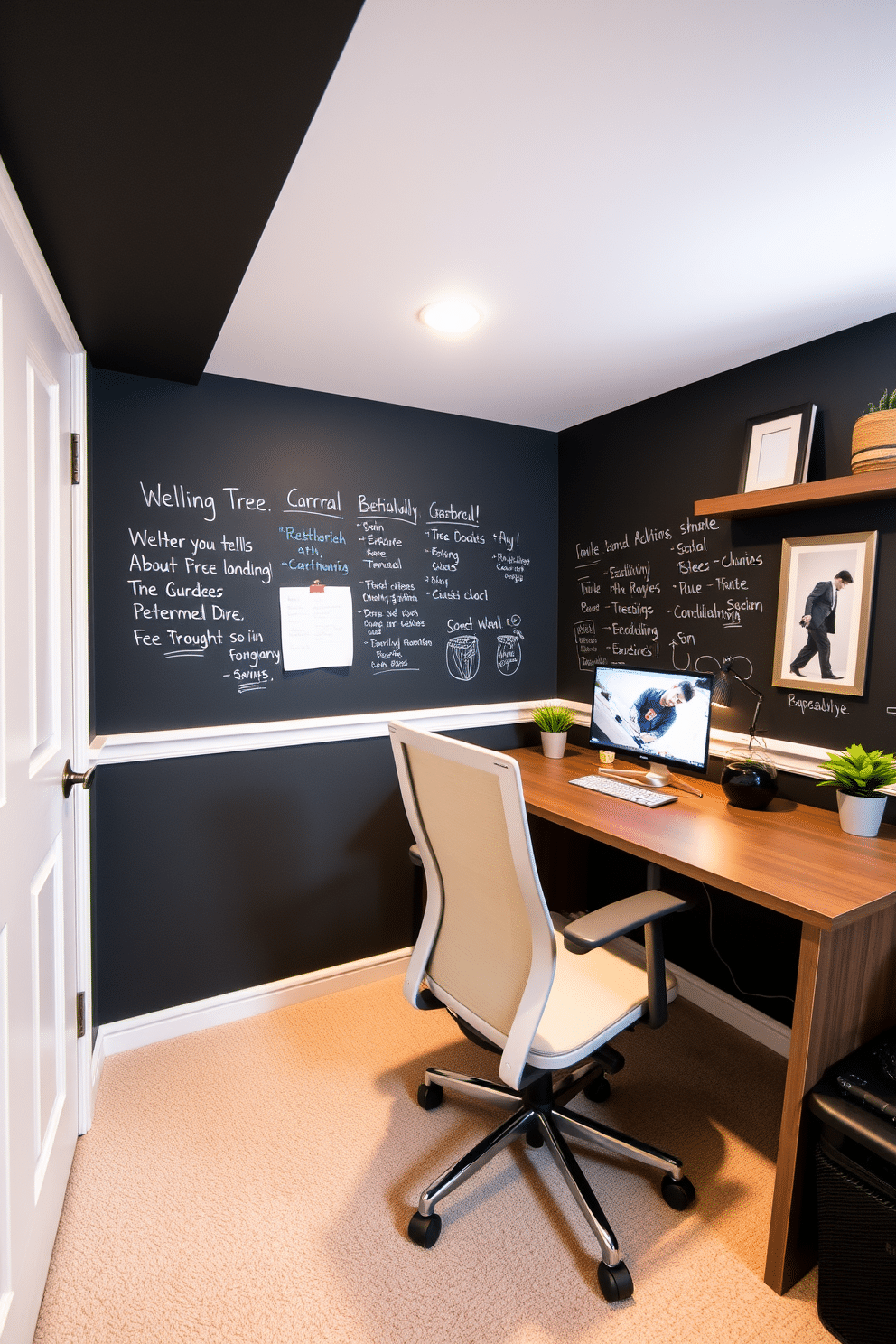 A modern basement home office featuring a chalkboard wall that allows for easy note-taking and brainstorming. The space includes a sleek desk with a comfortable ergonomic chair, surrounded by warm lighting and minimalist decor to create an inviting work environment.