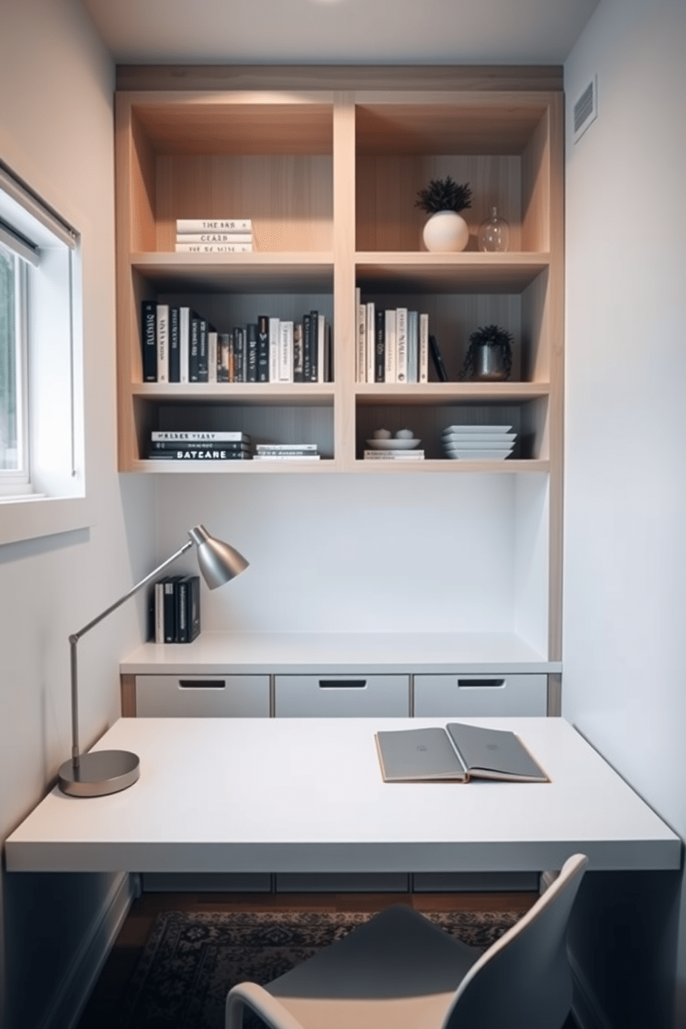 A minimalist desk setup features a sleek, white surface with clean lines and a single, elegant desk lamp. Above the desk, open shelving in a light wood finish displays a curated selection of books and decorative objects, creating an airy and organized feel. In the basement home office, soft, ambient lighting illuminates the space, complemented by a cozy area rug underfoot. A compact desk is positioned near a window, with built-in shelving that maximizes vertical space while maintaining a clutter-free environment.