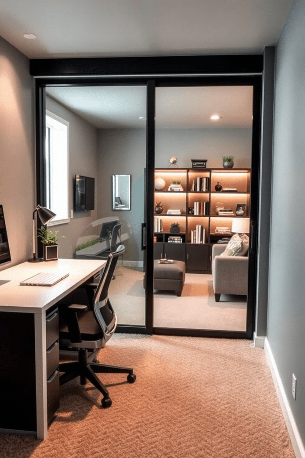 A modern basement home office featuring sliding glass doors that seamlessly connect the workspace to a cozy lounge area. The walls are painted in soft gray, and the floor is adorned with plush carpeting for comfort, while a sleek desk with a minimalist design sits against one wall. Natural light floods the space through the sliding doors, illuminating a stylish bookshelf filled with books and decorative items. A comfortable ergonomic chair complements the desk, and a small indoor plant adds a touch of greenery to the inviting atmosphere.