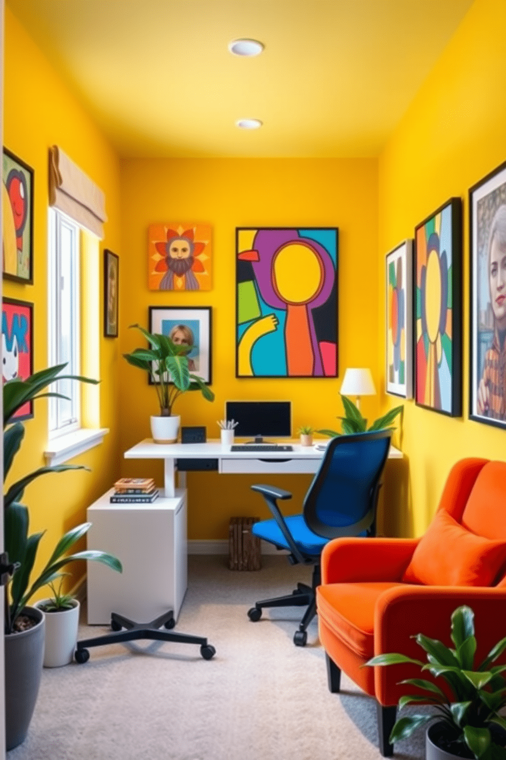 A bright and cheerful basement home office features vibrant yellow walls that energize the space. A sleek white desk is positioned against a large window, allowing natural light to flood in and illuminate the colorful artwork adorning the walls. The room is furnished with a comfortable blue ergonomic chair and a cozy reading nook with a bright orange armchair. Lush green plants are strategically placed around the room, adding a touch of nature and enhancing the uplifting atmosphere.