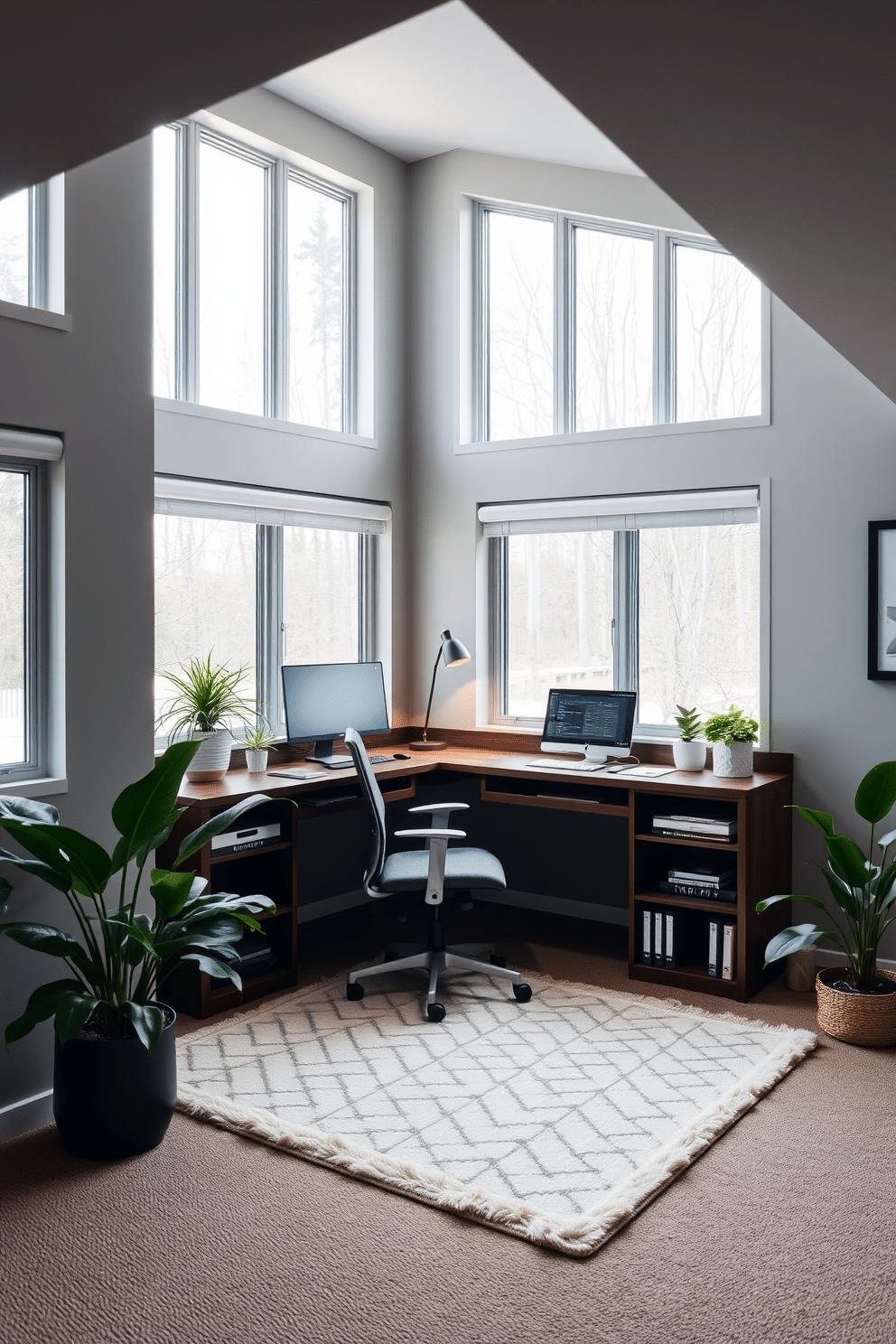 An L-shaped desk is positioned in the corner of the basement office, maximizing the use of space while providing ample surface area for work. The desk is made of dark wood, complemented by a comfortable ergonomic chair, and features built-in shelves for organization. The walls are painted in a soft gray, creating a calm atmosphere, while large windows allow natural light to flood the room. A plush area rug in a geometric pattern adds warmth, and potted plants are strategically placed to enhance the inviting ambiance.