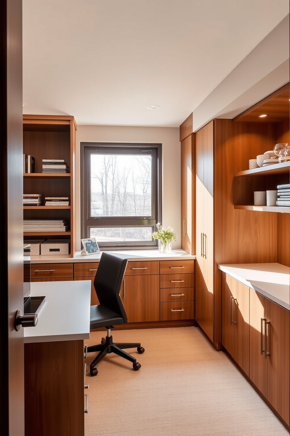 A sleek basement home office features built-in cabinetry that provides organized storage solutions, seamlessly blending functionality with style. The cabinetry is finished in a warm wood tone, complemented by a modern desk positioned under a large window that invites natural light into the space.