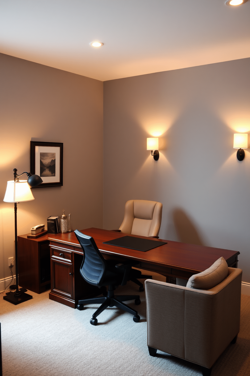 A bold accent wall in deep navy blue serves as the focal point of the basement home office, enhancing the overall ambiance. The wall is adorned with modern art pieces that reflect creativity and inspiration, creating a stimulating work environment. The office features a sleek, minimalist desk made of reclaimed wood, paired with an ergonomic chair in a contrasting light color. Soft, ambient lighting from stylish desk lamps and recessed ceiling lights ensures a warm and inviting atmosphere for productivity.