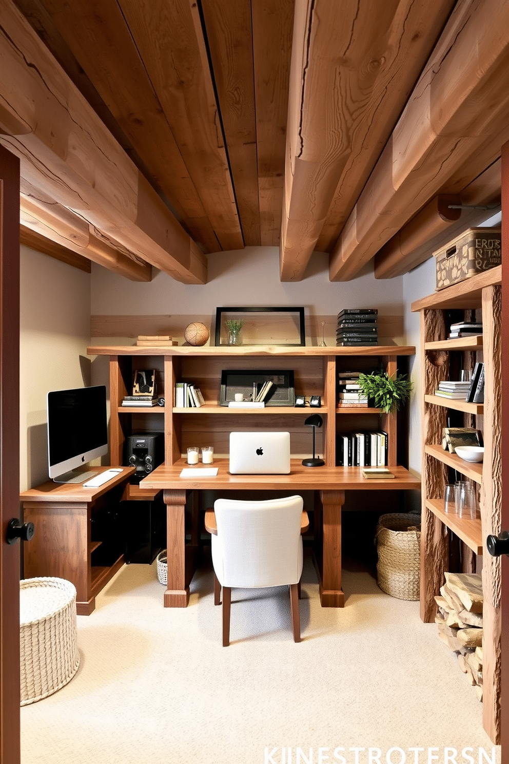 A cozy basement home office featuring rustic wood accents that add warmth and charm. The room has exposed wooden beams on the ceiling, a reclaimed wood desk, and shelves made from rough-hewn timber, creating a welcoming and productive atmosphere.