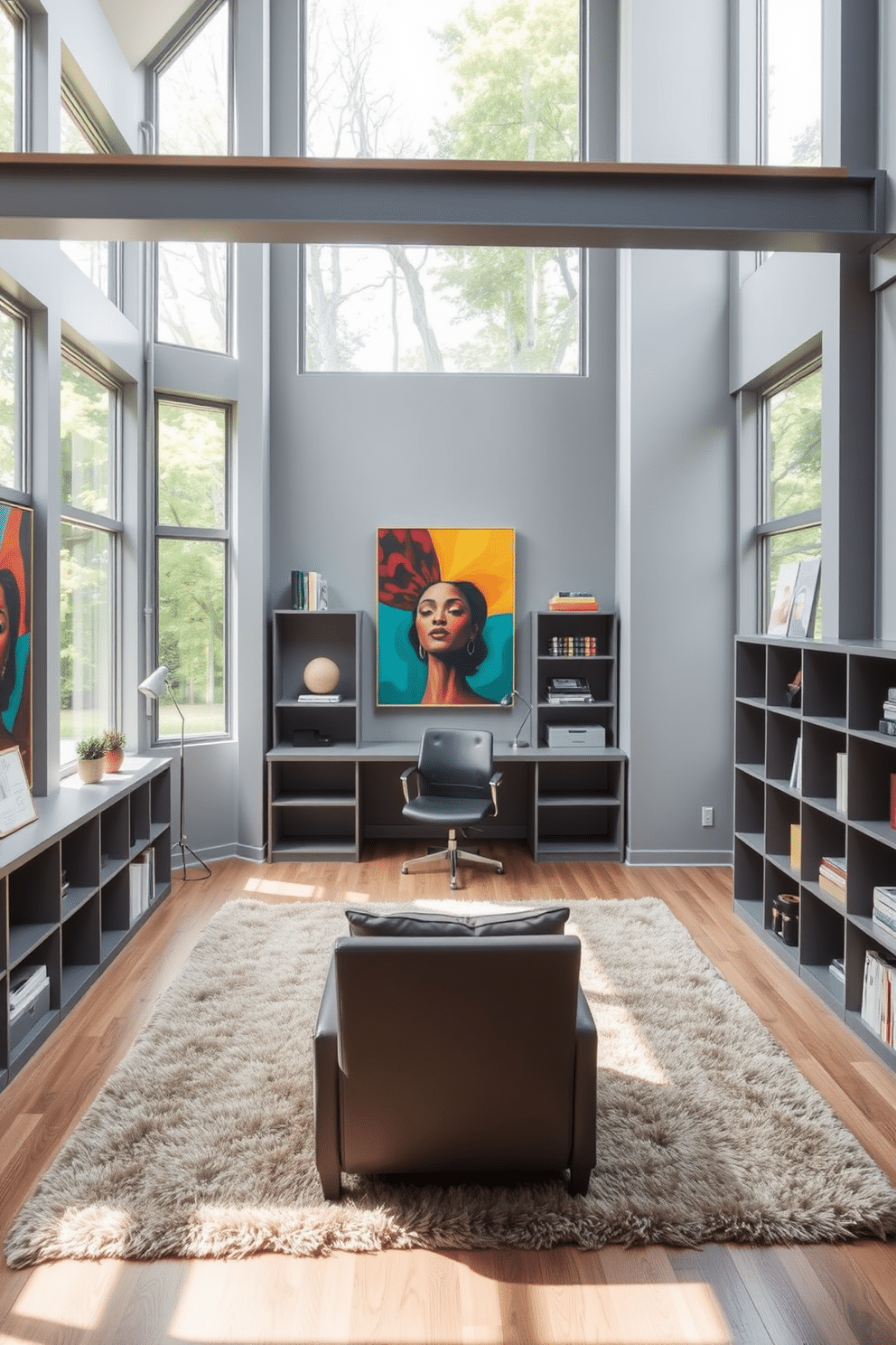 Open layout with room for creativity. The space features a large, airy design with expansive windows allowing natural light to flood in. A sleek desk is positioned centrally, surrounded by modular shelving units that offer both storage and display opportunities. The walls are painted in a soft gray, while vibrant artwork adds pops of color, inspiring creativity and focus. Comfortable seating, such as a stylish lounge chair, is placed in one corner for relaxation or informal meetings. A plush area rug anchors the space, contributing warmth and texture to the overall design.