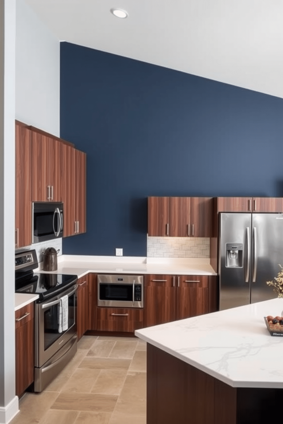 Accent wall with bold color choice. The wall features a deep navy blue hue, creating a striking contrast against the light gray surrounding walls. Basement kitchen design ideas. This kitchen showcases sleek, modern cabinetry in a rich walnut finish, paired with stainless steel appliances and a large island topped with white quartz.