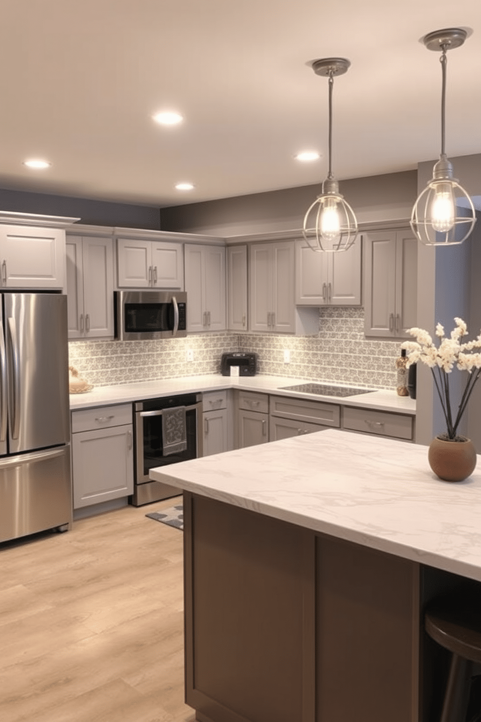 A stylish basement kitchen featuring durable quartz countertops that exude elegance. The design includes modern cabinetry with sleek lines, complemented by stainless steel appliances and a spacious island for additional workspace. The walls are painted in a soft gray tone, enhancing the cozy atmosphere of the basement. Ambient lighting fixtures hang above the island, creating a warm and inviting space perfect for entertaining.