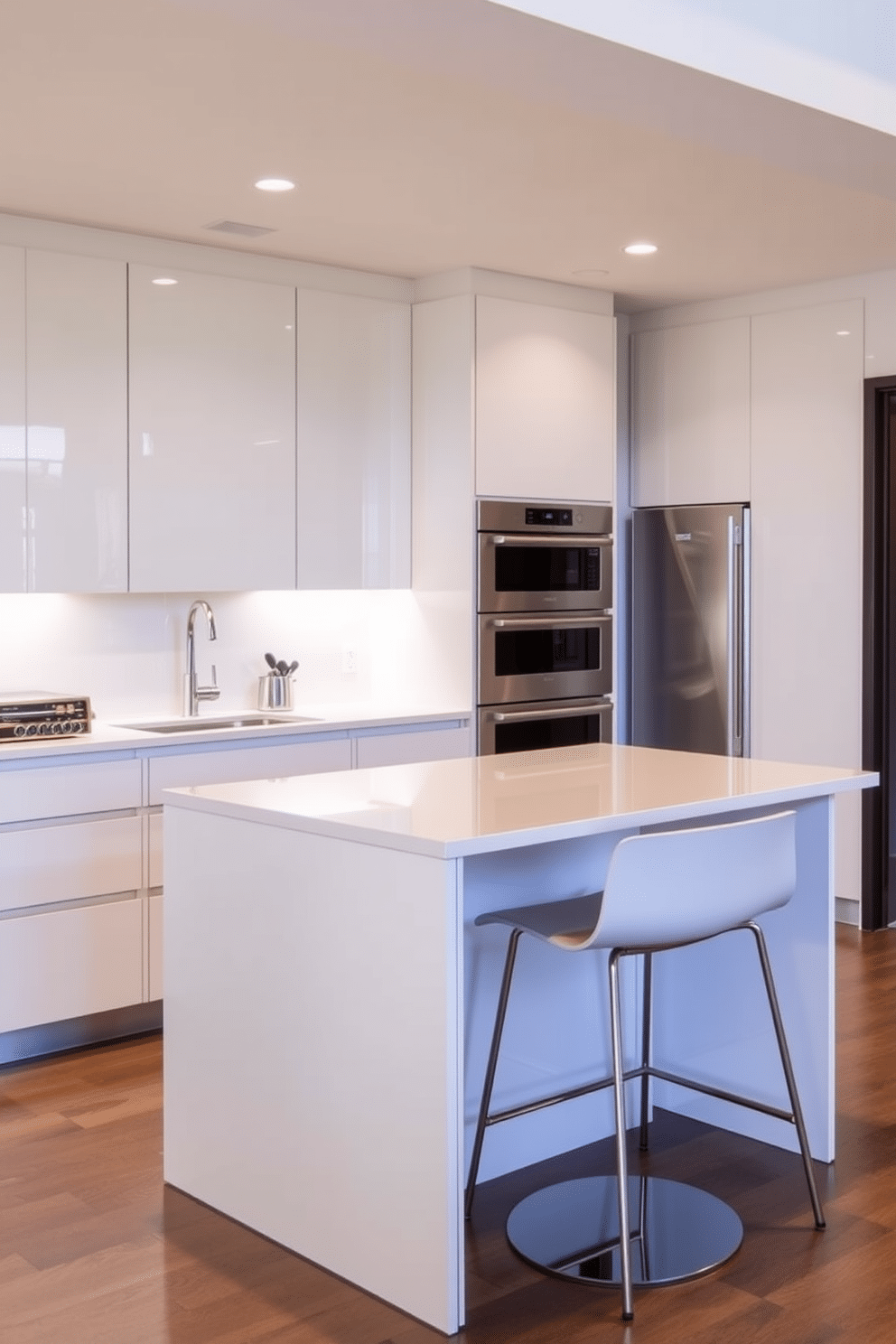 A modern basement kitchen featuring integrated appliances for a seamless design. The cabinetry is sleek and minimalist, with a glossy finish that reflects the ambient lighting. The kitchen island serves as a multifunctional space, combining prep area and dining with stylish bar stools. Stainless steel appliances are built into the cabinetry, creating a streamlined look that enhances the overall aesthetic.