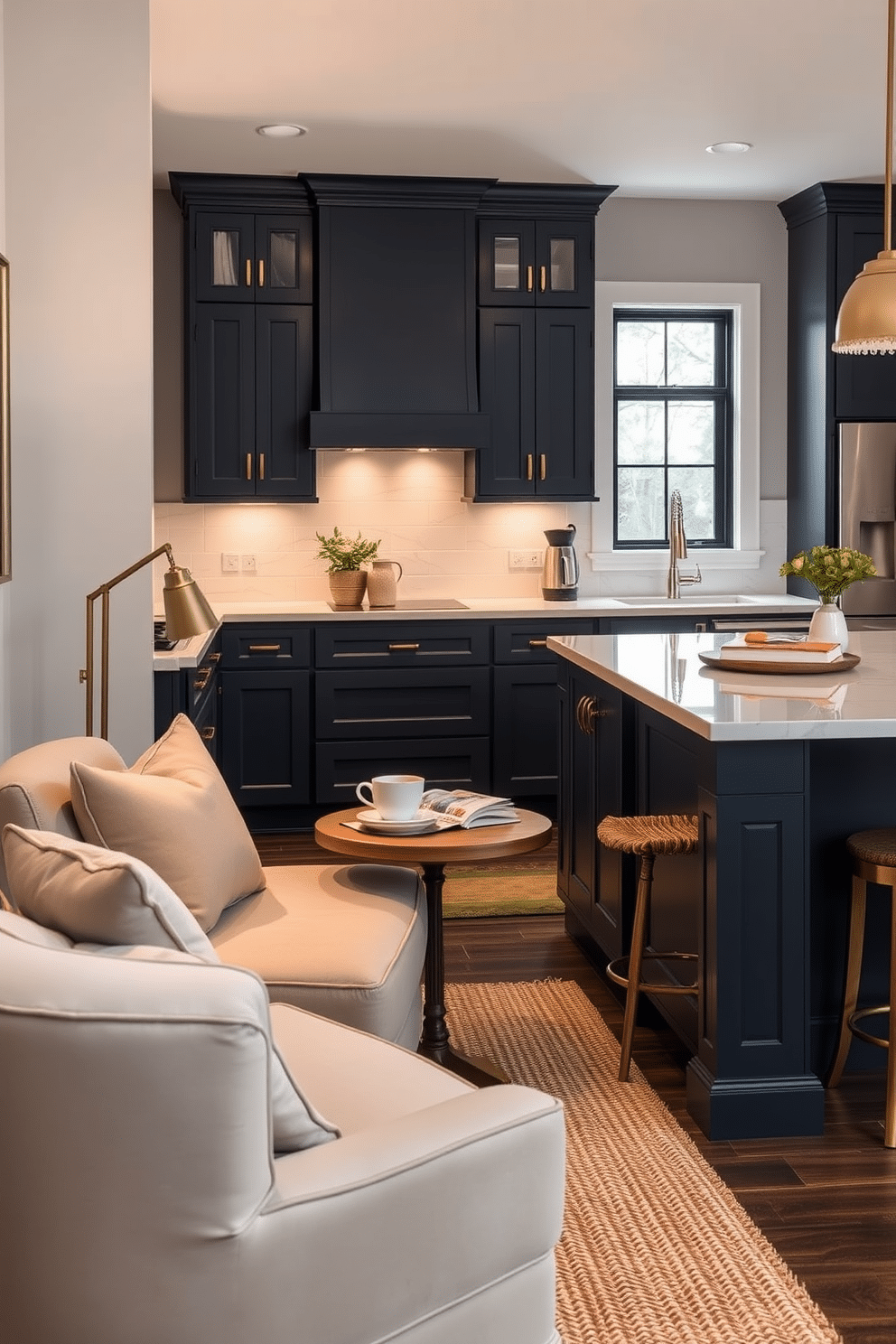 Cozy nook with seating and table. A plush, oversized armchair is paired with a small, round wooden table, adorned with a steaming cup of coffee and a stack of books. Soft, ambient lighting from a nearby floor lamp creates a warm atmosphere, while a woven rug adds texture underfoot. Basement kitchen design ideas. The space features sleek, modern cabinetry in a rich navy blue, complemented by brass hardware, and a large island with bar seating. Natural light floods in through strategically placed windows, highlighting the quartz countertops and stainless steel appliances, creating an inviting yet functional cooking area.