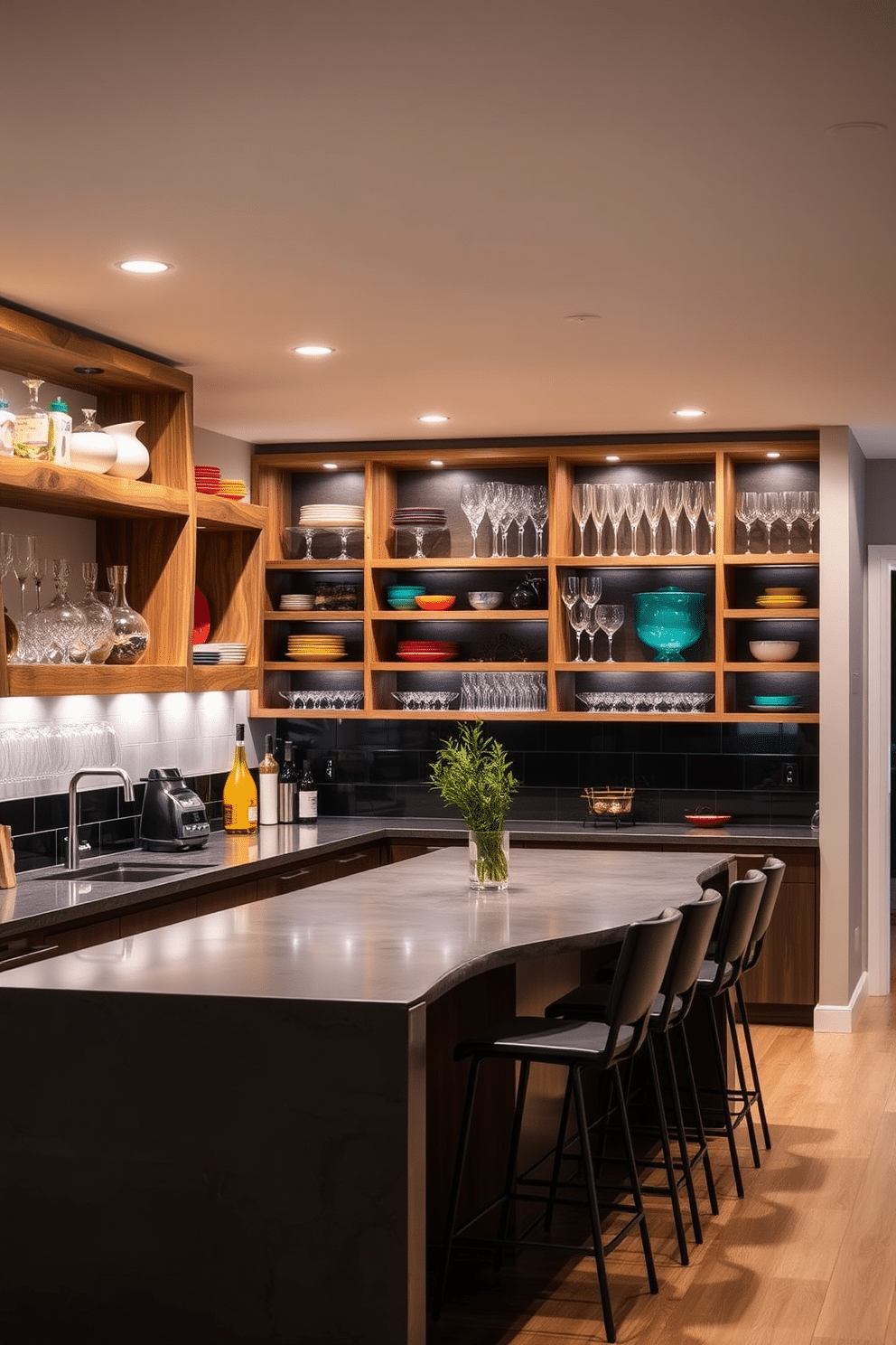 Open shelving lines the walls of a contemporary basement kitchen, displaying an array of colorful dishware and elegant glassware. The shelves are crafted from reclaimed wood, adding warmth and character to the space, while the backdrop features a sleek, dark tile that enhances the modern aesthetic. A large island with a polished concrete countertop provides ample workspace and doubles as a casual dining area with stylish bar stools. Soft, ambient lighting illuminates the kitchen, creating an inviting atmosphere perfect for entertaining guests.