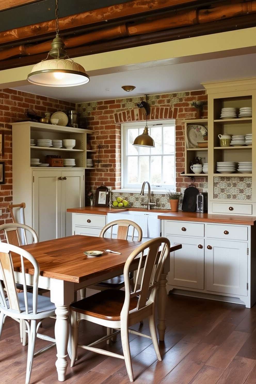 A charming basement kitchen featuring vintage decor elements that add character. The space includes a reclaimed wood dining table surrounded by mismatched antique chairs, with exposed brick walls and warm pendant lighting overhead. The cabinetry is painted in a soft pastel hue, adorned with vintage hardware and open shelving displaying rustic dishware. A farmhouse sink sits beneath a window, complemented by a patterned tile backsplash that adds a pop of color to the cozy atmosphere.