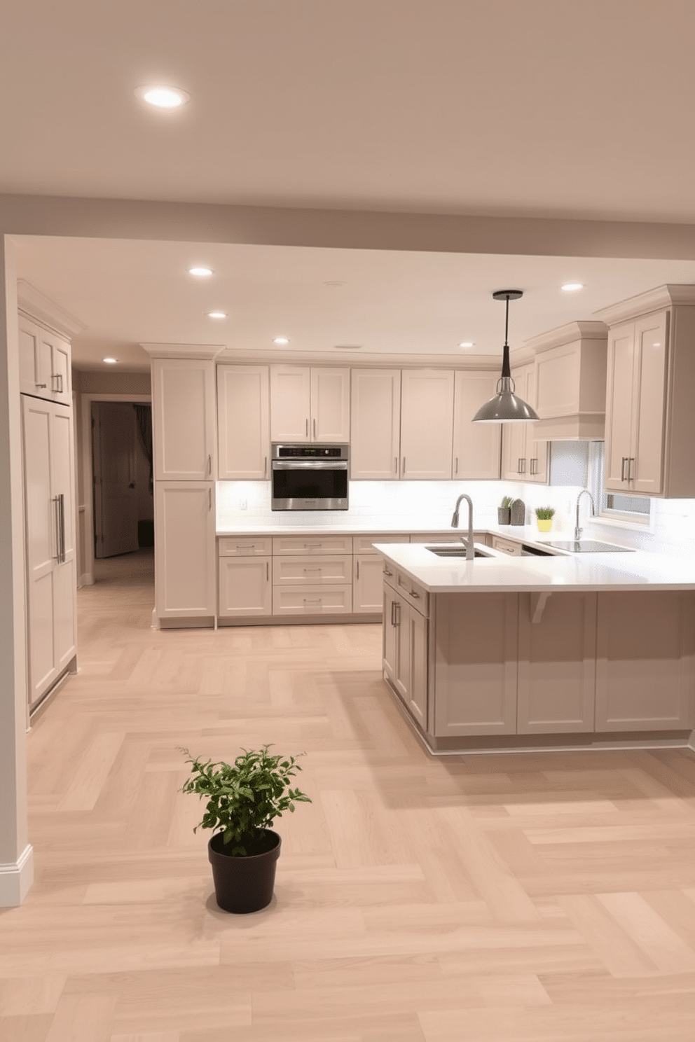 A serene basement kitchen design that embraces a neutral color palette, featuring soft beige cabinetry and white quartz countertops. The space is illuminated by warm, recessed lighting, creating a calming atmosphere perfect for cooking and entertaining. Incorporate a large island with bar seating, complemented by sleek pendant lights hanging above. The flooring is a light wood finish, enhancing the airy feel, while subtle decor elements like potted herbs add a touch of life to the space.