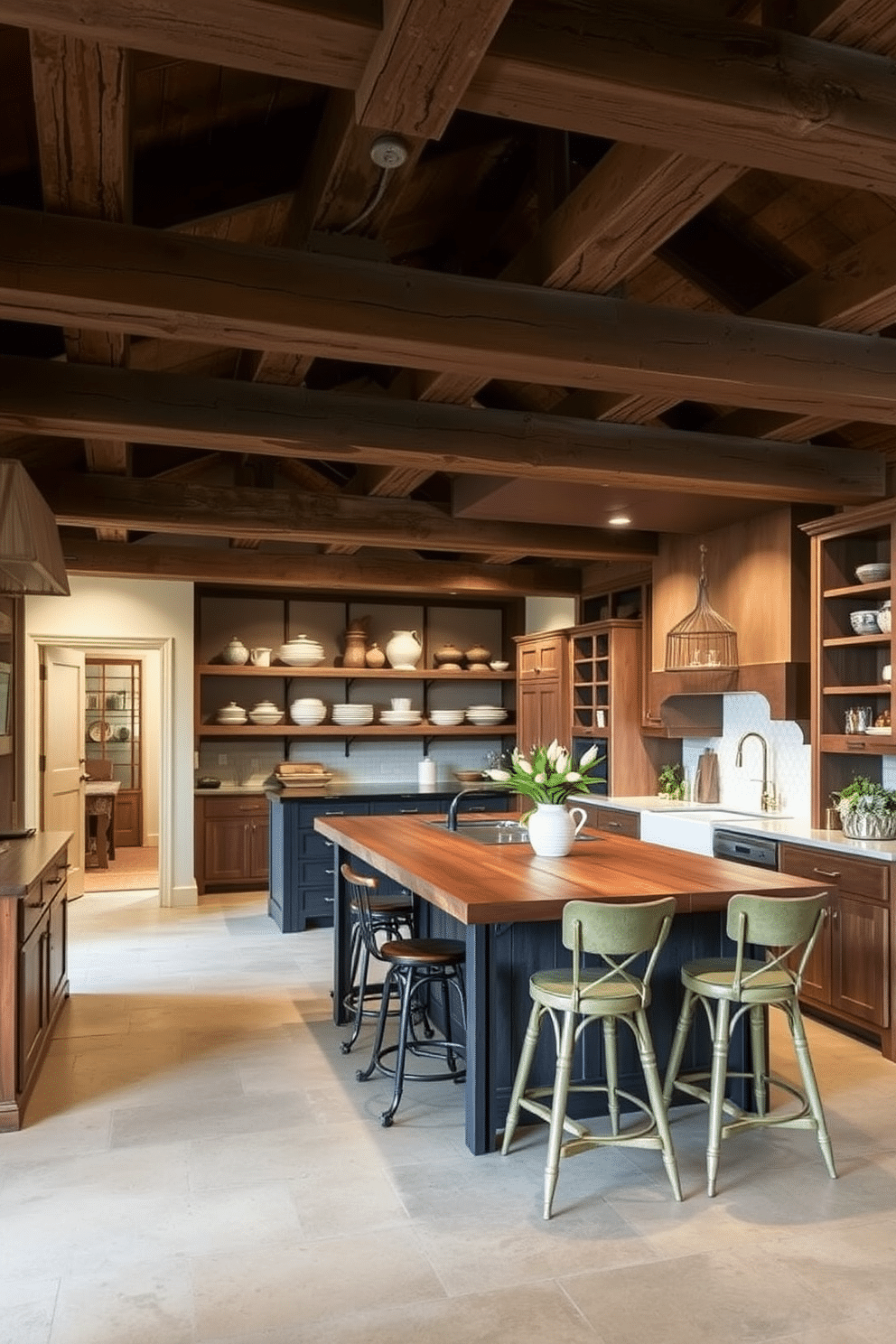 A cozy basement kitchen featuring rustic wooden beams that add warmth and character to the space. The kitchen includes a large island with a reclaimed wood countertop, complemented by vintage-style bar stools and open shelving displaying rustic dishware.