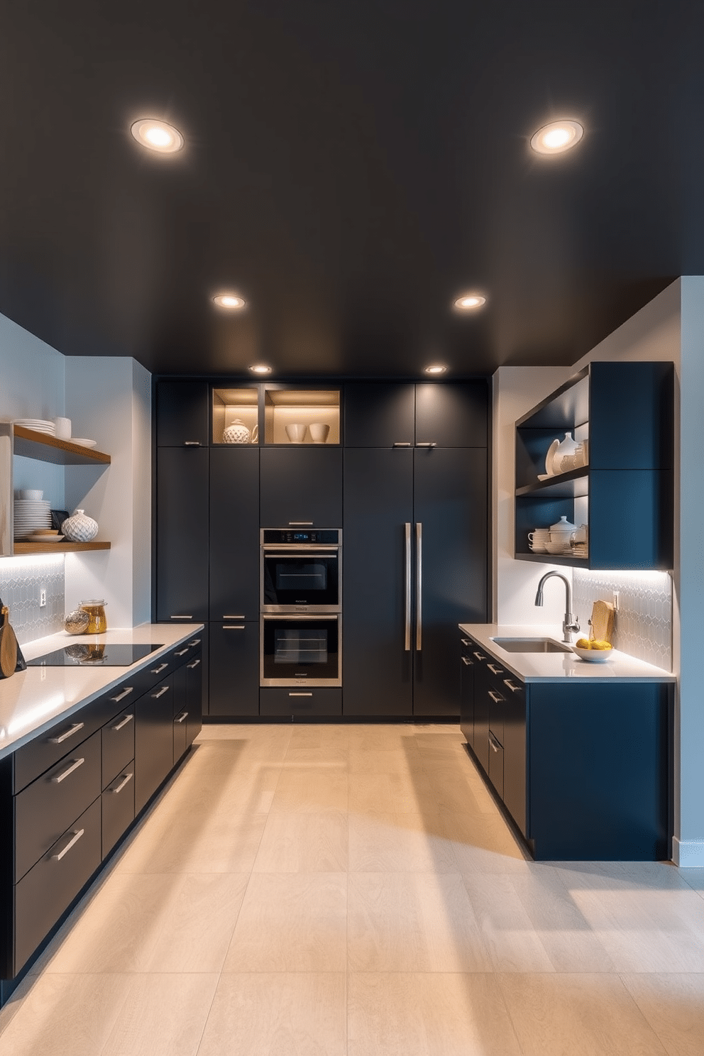 A sleek basement kitchen designed for modern living, featuring recessed lighting that casts a warm glow over the space. The cabinetry is a blend of matte black and natural wood, complemented by a spacious island with a quartz countertop. The kitchen includes high-end appliances seamlessly integrated into the design, creating a cohesive look. A stylish backsplash of geometric tiles adds visual interest, while open shelving showcases curated dishware and decorative elements.