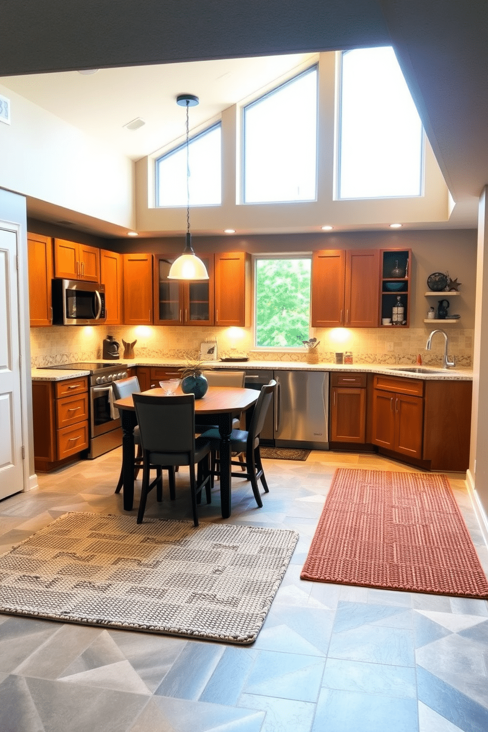 A cozy basement kitchen featuring textured rugs that add warmth and comfort to the space. The kitchen is designed with modern appliances, an island with bar seating, and warm wooden cabinetry complemented by soft, ambient lighting. The textured rugs are strategically placed under the dining area and in front of the sink, enhancing the inviting atmosphere. Large windows allow natural light to flood in, creating a bright and cheerful environment despite being in the basement.