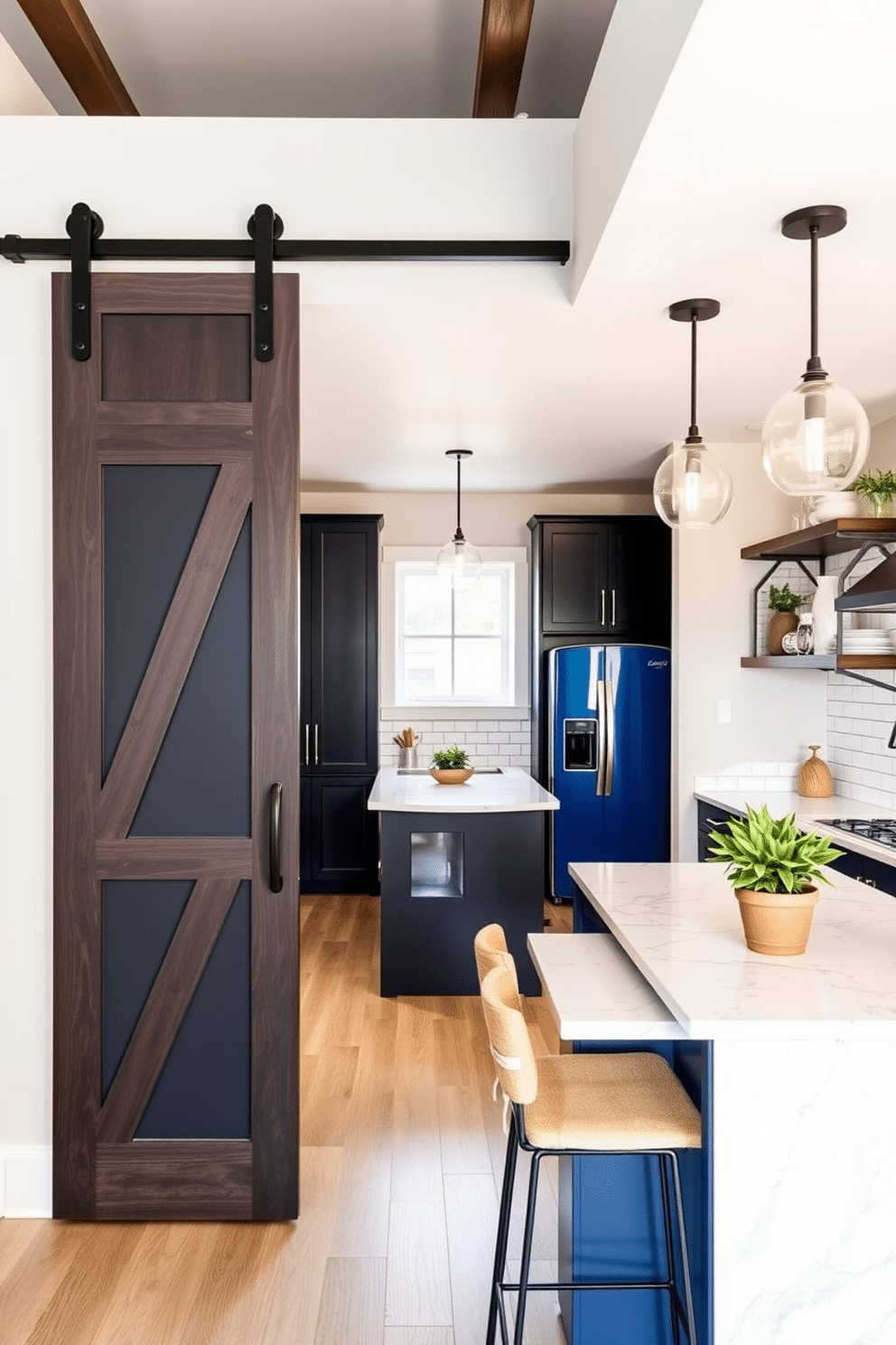 A modern basement kitchen featuring a sliding barn door that opens into a cozy, well-lit space. The kitchen has sleek cabinetry in a deep navy blue, complemented by a white subway tile backsplash and a large island with bar seating. The island is topped with a stunning quartz countertop, and pendant lights hang elegantly above it. A vintage-inspired fridge in a bold color adds a playful touch, while open shelving displays curated dishware and plants for a personal flair.