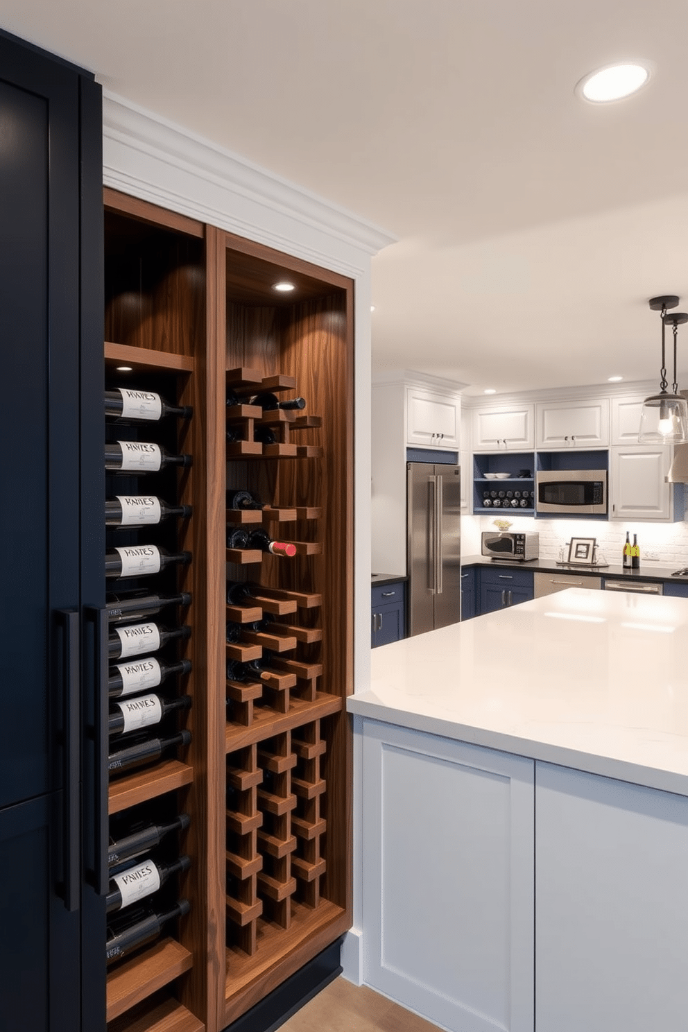 A modern wine rack seamlessly integrated into custom cabinetry, featuring rich walnut wood with sleek black metal accents. The design includes adjustable shelving for various bottle sizes and a subtle LED lighting system to highlight the collection. A stylish basement kitchen that maximizes space with an open layout, showcasing a large island with bar seating. The cabinetry is a mix of matte white and navy blue, complemented by stainless steel appliances and a cozy dining nook with ambient lighting.