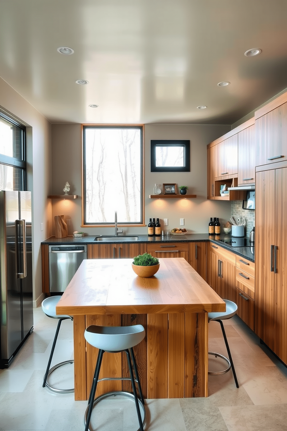 A modern basement kitchen designed with eco-friendly materials, featuring bamboo cabinetry and recycled glass countertops. The space includes energy-efficient appliances and large windows that allow natural light to flood in, creating an inviting atmosphere. The layout incorporates a central island made from reclaimed wood, surrounded by stylish bar stools. Soft, ambient lighting highlights the sustainable features while providing a warm and cozy feel to the kitchen.