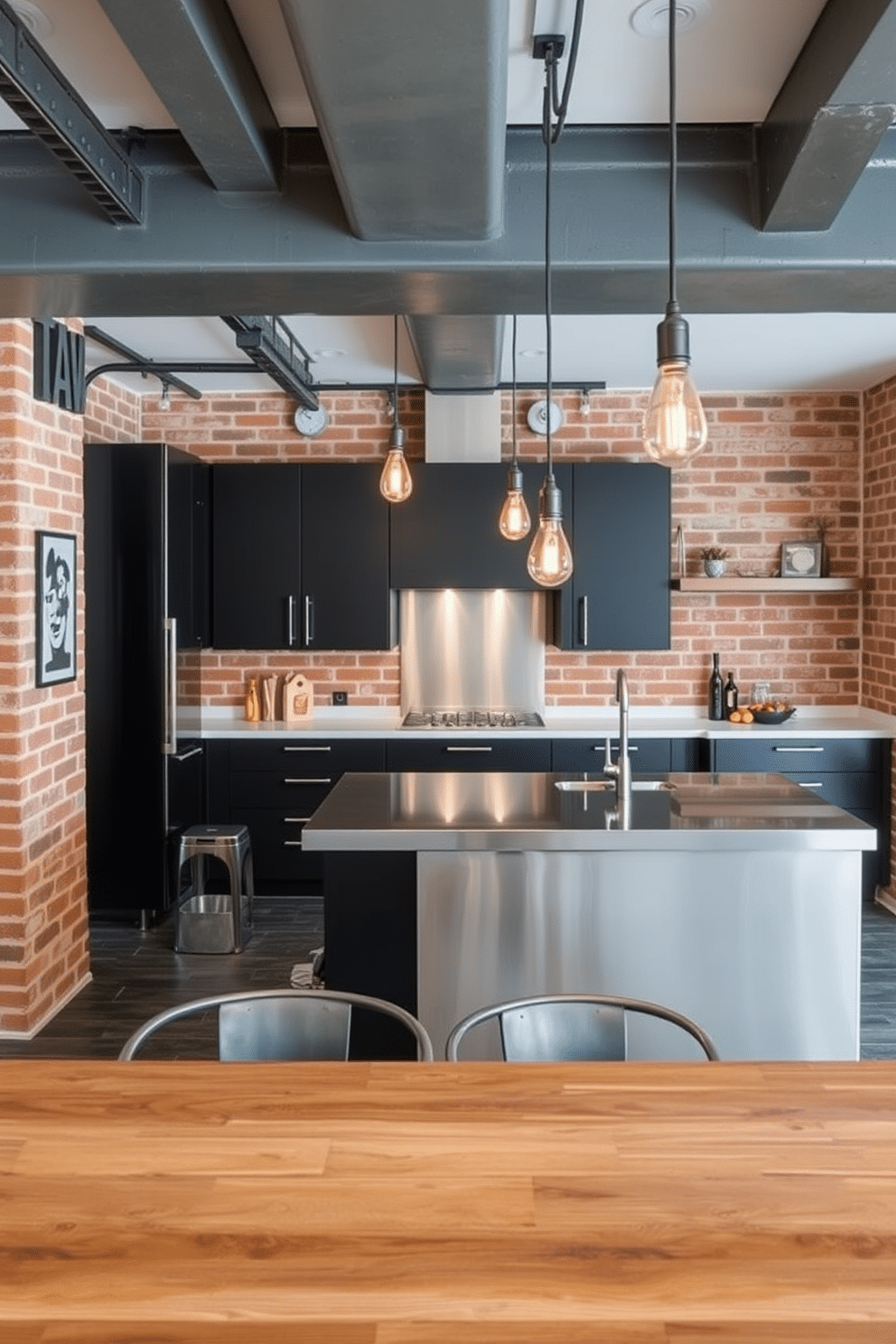 A chic basement kitchen design featuring industrial accents. Exposed brick walls and steel beams create an urban vibe, complemented by sleek black cabinetry and a large stainless steel island. The space includes pendant lighting with Edison bulbs hanging above the island, adding warmth to the modern aesthetic. A rustic wooden dining table with metal chairs completes the look, providing a perfect spot for casual gatherings.