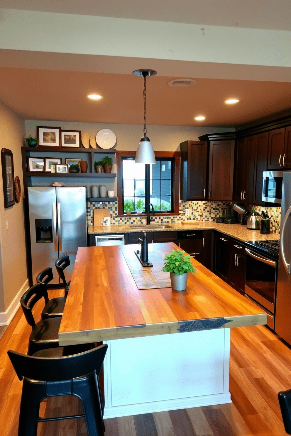 A cozy basement kitchen featuring a blend of rustic and modern elements. The space includes a large island with a reclaimed wood countertop, surrounded by sleek black bar stools, and open shelving displaying personalized artwork and decorative dishware. Warm, ambient lighting illuminates the kitchen, highlighting the rich, dark cabinetry and stainless steel appliances. A unique backsplash made of colorful mosaic tiles adds a pop of personality, while potted herbs on the windowsill enhance both decor and functionality.