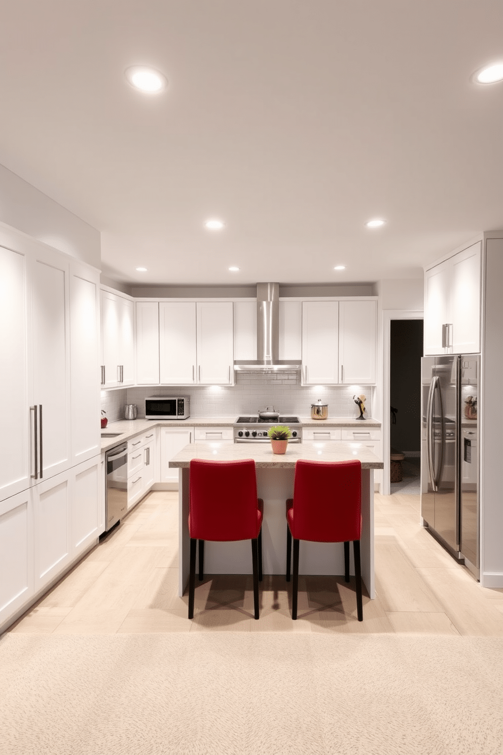 A sleek basement kitchen featuring minimalist white cabinetry that blends seamlessly with the modern aesthetic. The space is illuminated by recessed lighting, highlighting the clean lines and functional layout of the kitchen. The countertops are crafted from a durable stone, providing a striking contrast against the white cabinetry. A central island with bar seating invites casual dining and social interaction within the cozy basement environment.