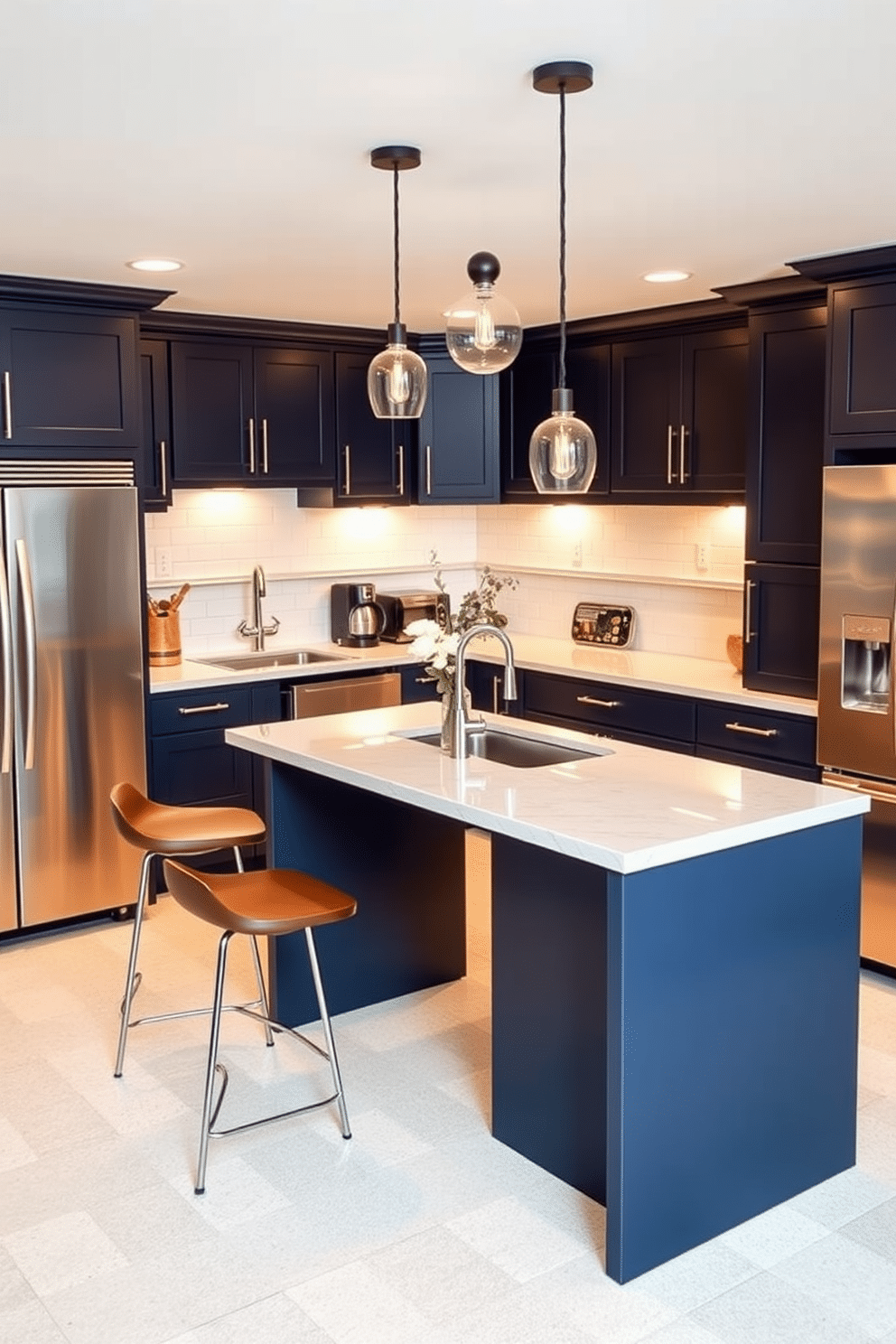 A compact island with a sleek, modern design sits at the center of the basement kitchen, providing extra workspace and a casual dining area. The island features a polished quartz countertop with barstool seating, complemented by stylish pendant lights hanging above. The basement kitchen showcases a blend of functionality and aesthetics, with custom cabinetry in a rich navy blue and stainless steel appliances. Warm, ambient lighting highlights the open layout, while a backsplash of white subway tiles adds a classic touch to the contemporary space.