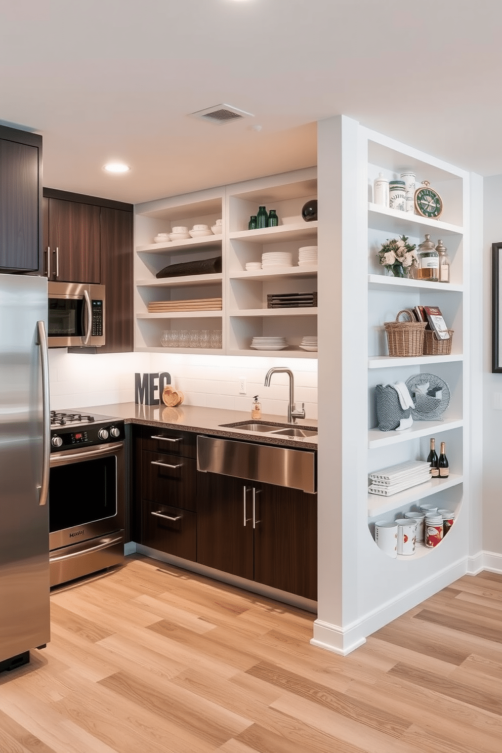 A modern basement kitchen featuring built-in shelving that provides organized storage. The cabinetry is sleek and minimalistic, with a blend of dark wood and stainless steel accents, creating a contemporary yet inviting atmosphere.