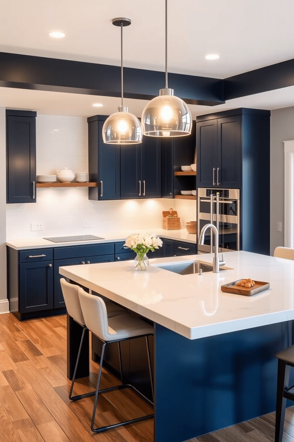 A modern basement kitchen featuring sleek cabinetry in a deep navy blue, complemented by a white quartz countertop that contrasts beautifully. Above the island, bright pendant lights hang elegantly, casting a warm glow over the space and enhancing the inviting atmosphere. The kitchen includes stainless steel appliances seamlessly integrated into the design, with open shelving displaying curated dishware. A cozy seating area with bar stools invites casual dining, while large windows allow natural light to flood in, creating an airy feel.