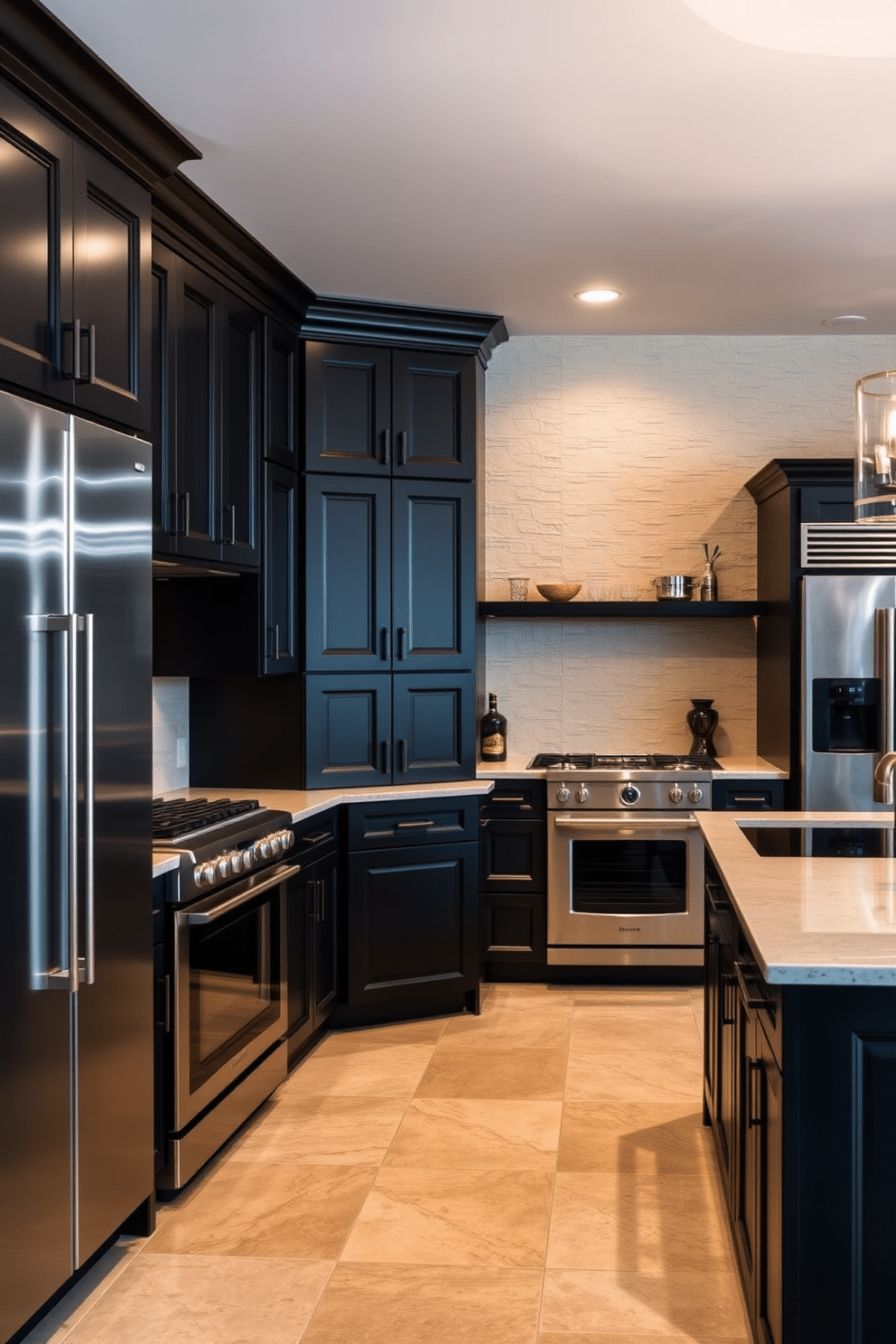 A stunning basement kitchen featuring dark cabinetry that creates a dramatic and elegant ambiance. The cabinetry is complemented by sleek stainless steel appliances and a large island with a contrasting light-colored countertop. The walls are adorned with subtle textures, enhancing the depth of the space. Soft, warm lighting illuminates the kitchen, highlighting the rich tones of the cabinetry and creating an inviting atmosphere.