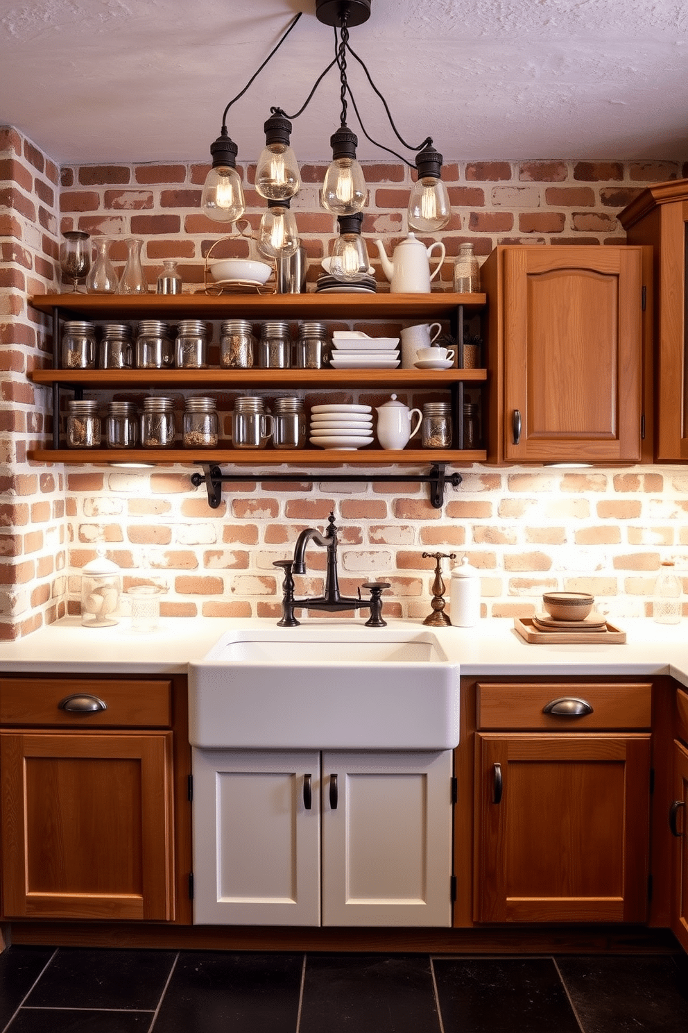 A charming basement kitchen featuring a farmhouse sink with a vintage design, complemented by rustic wooden cabinetry. The walls are adorned with exposed brick, and the floor is finished with dark slate tiles, creating a warm and inviting atmosphere. Above the sink, a collection of vintage-style pendant lights hangs, casting a soft glow over the workspace. Open shelving displays an array of mason jars and farmhouse-style dishware, enhancing the nostalgic feel of the kitchen.