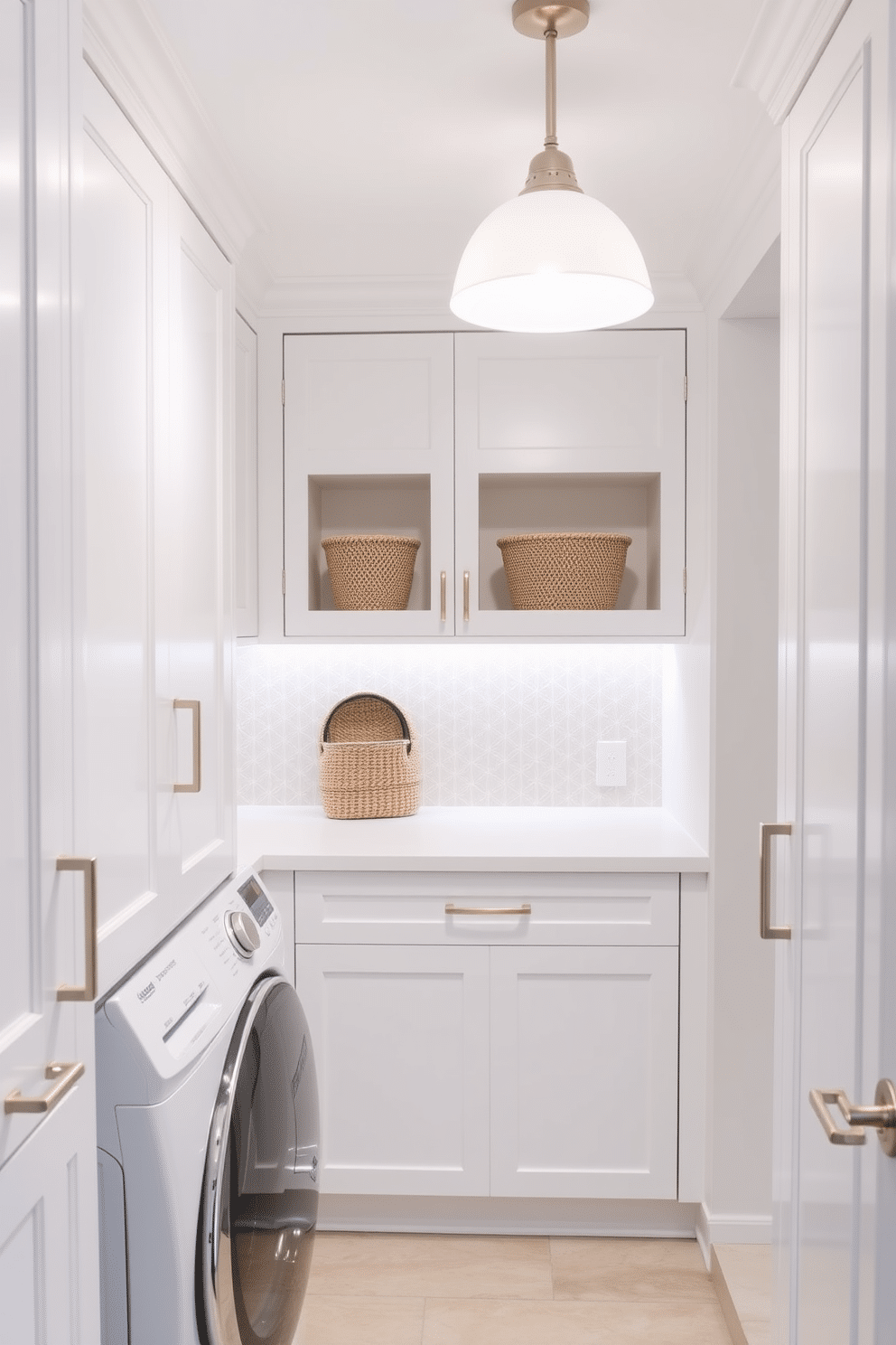 Bright white cabinetry creates a clean and modern aesthetic in the basement laundry room. The space features sleek, minimalist lines, with ample storage for laundry essentials and a countertop for folding clothes. Soft pendant lighting illuminates the area, enhancing the bright and airy feel. A stylish backsplash in a subtle geometric pattern adds a touch of sophistication to the overall design.