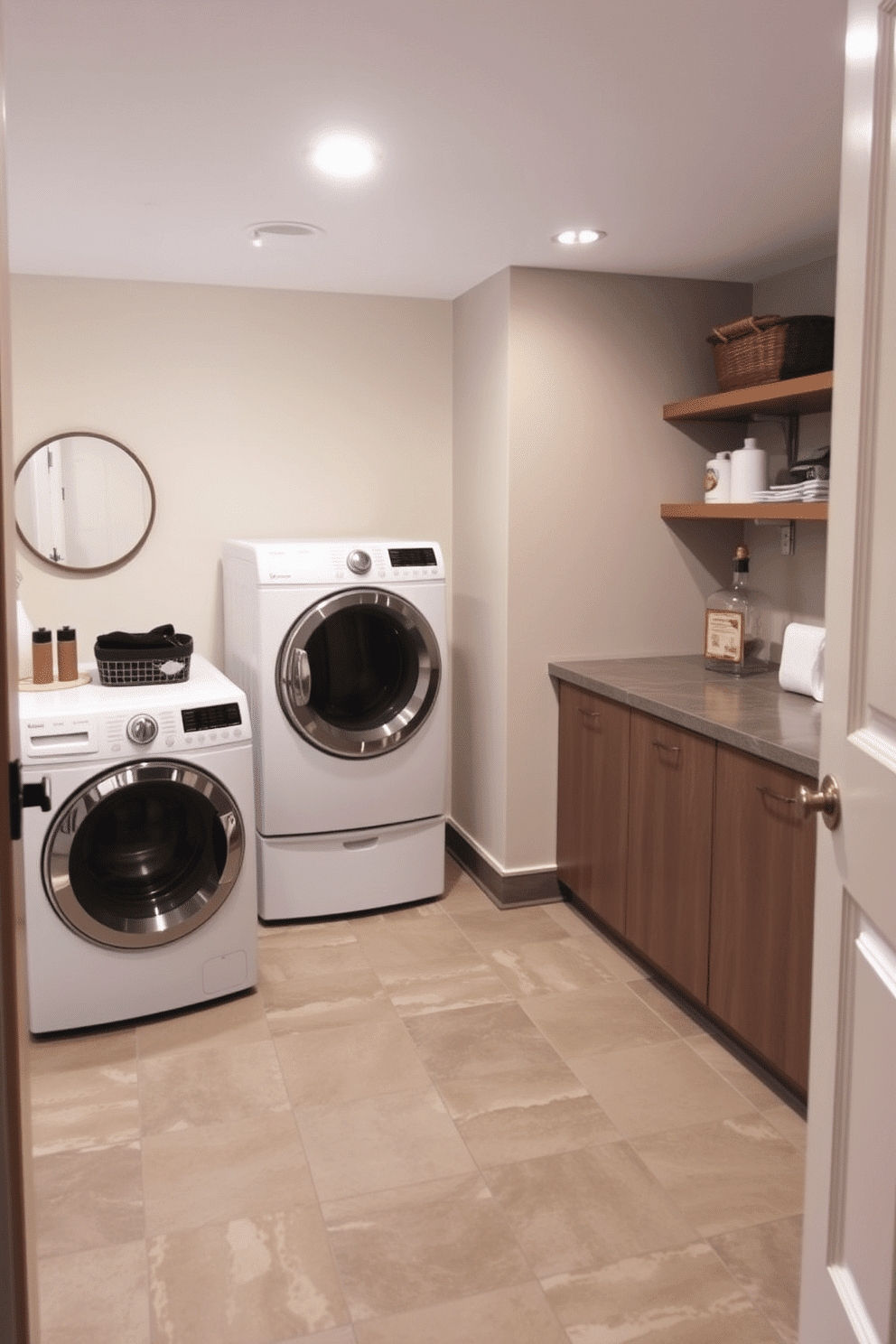 A stylish basement laundry room features durable tile flooring that is both practical and easy to maintain. The space includes a modern washing machine and dryer, with ample countertop space for folding clothes and organizing laundry essentials.