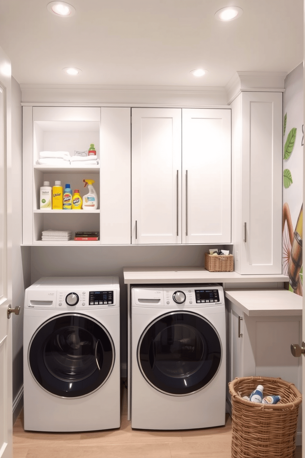 A modern basement laundry room features clever storage solutions for small items, including built-in shelves above the washer and dryer. The cabinetry is sleek and white, providing ample space for detergents and laundry supplies, while a folding countertop extends from the cabinetry for convenience. The room is illuminated by recessed lighting, creating a bright and inviting atmosphere. A stylish wicker basket sits in the corner, neatly organizing small items, and a vibrant wall mural adds a pop of color to the space.