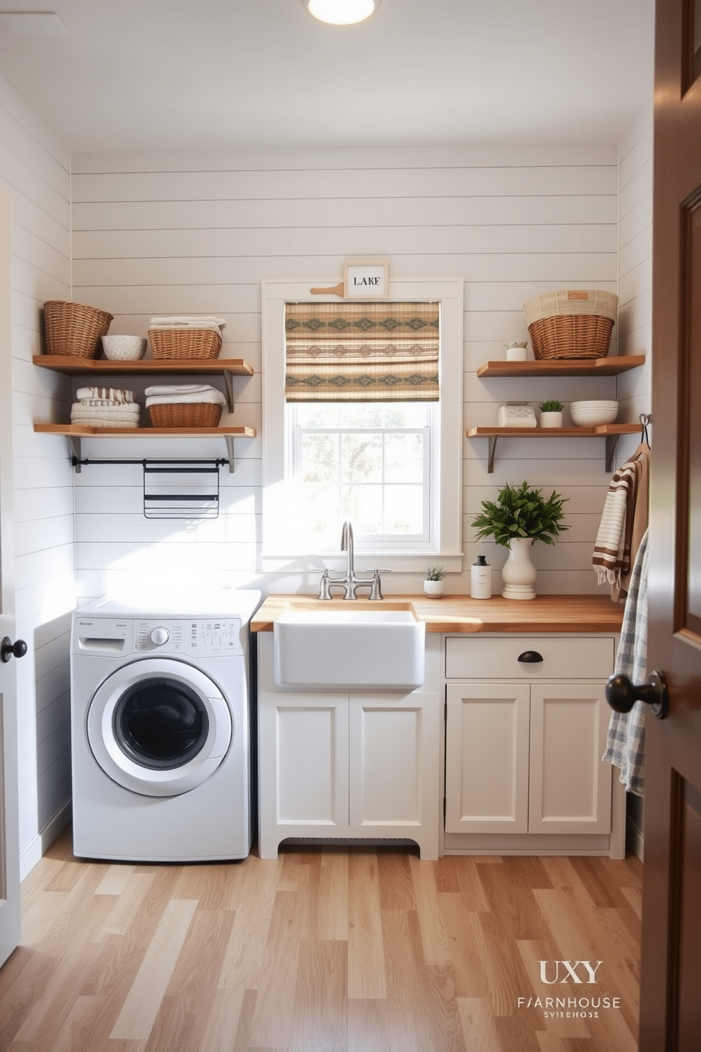 A trendy farmhouse laundry room featuring shiplap walls painted in a soft white hue. The space includes a rustic wooden countertop for folding clothes, complemented by open shelving displaying neatly organized baskets and decor. Incorporate a vintage-style washing machine and dryer set, positioned side by side with a farmhouse sink beneath a window. The flooring is a durable, light-colored laminate that enhances the cozy, inviting atmosphere of the room.