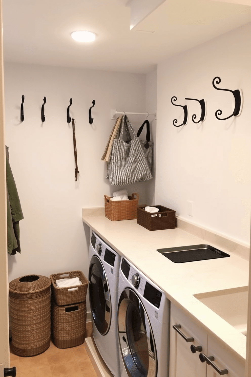 A functional basement laundry room features decorative hooks mounted on the wall, providing convenient storage for items such as bags, coats, or laundry accessories. The space is brightened with soft lighting, and the walls are painted in a light, airy color to enhance the overall atmosphere. Incorporating a stylish laundry area, the design includes a large countertop for folding clothes, complemented by a sleek washer and dryer stacked for efficiency. The floor is finished with durable tiles, and decorative baskets are placed nearby for organizing laundry essentials.