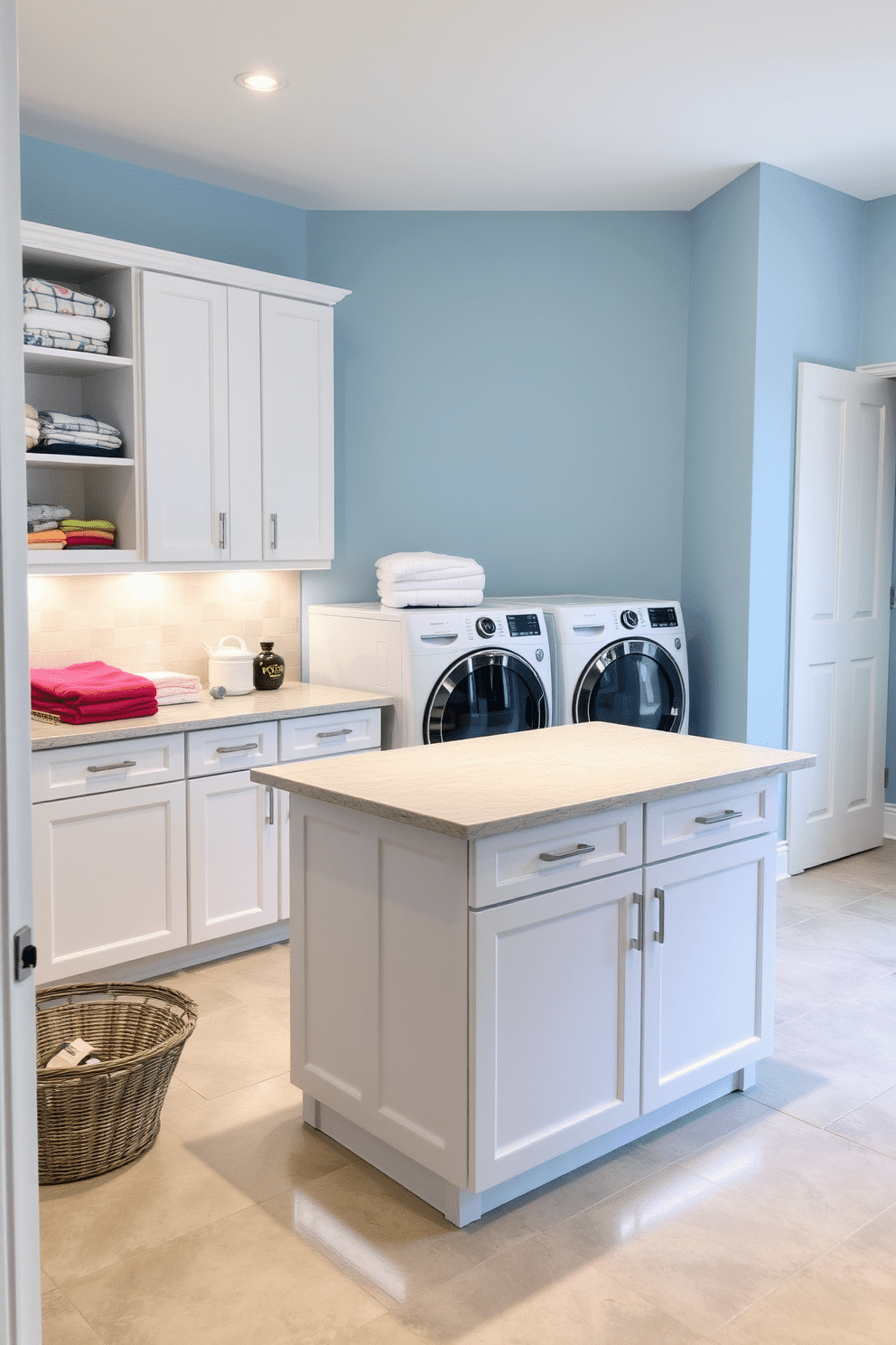 A functional laundry room featuring a central island that provides ample workspace for folding and sorting clothes. The island is topped with a sleek quartz surface, complemented by under-cabinet lighting that enhances the room's bright atmosphere. The walls are painted in a soft, airy blue, creating a calming environment, while the floor showcases durable, water-resistant tiles in a neutral tone. Storage solutions include open shelving above the island and built-in cabinets, ensuring an organized and efficient space.