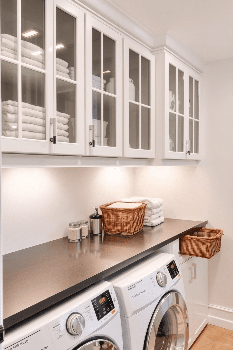 A stylish basement laundry room features glass-front cabinets that elegantly showcase neatly organized laundry essentials. The cabinets are complemented by a sleek countertop, providing ample space for folding clothes and sorting items.