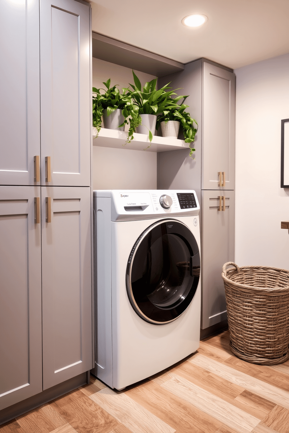 A stylish basement laundry room features a modern washer and dryer set, framed by sleek cabinetry in a soft gray finish. Lush green plants are placed on the shelves above, adding a fresh touch and a pop of color to the space. The walls are painted in a light, airy hue, complemented by a durable, textured laminate flooring that mimics wood. A large laundry basket sits in the corner, while a small potted plant rests on the countertop, enhancing the room's inviting atmosphere.