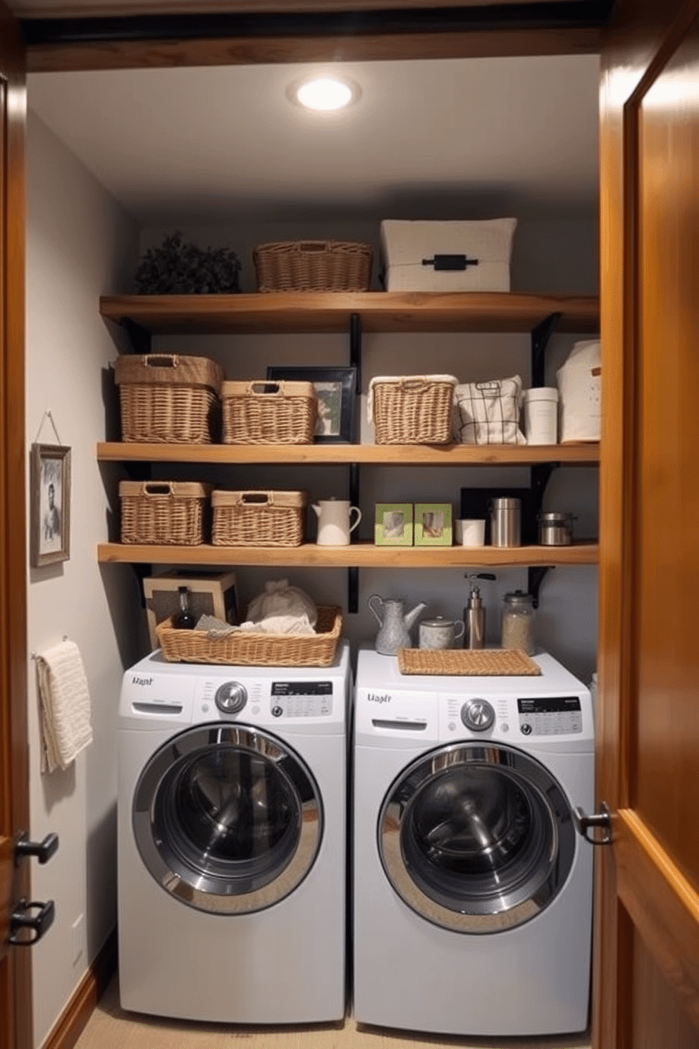 A rustic basement laundry room features warm wooden shelving that adds a touch of charm and functionality. The shelves are filled with neatly arranged baskets, laundry essentials, and decorative items, creating an inviting and organized space.