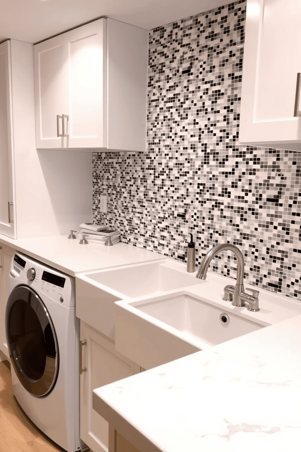 A modern basement laundry room featuring a mosaic tile backsplash that adds a vibrant touch of visual interest. The space includes sleek white cabinetry and a large farmhouse sink, complemented by a stylish countertop for folding clothes.